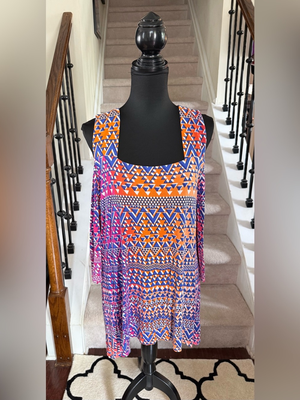 Geometric Print Tunic w/ Cut out Shoulders